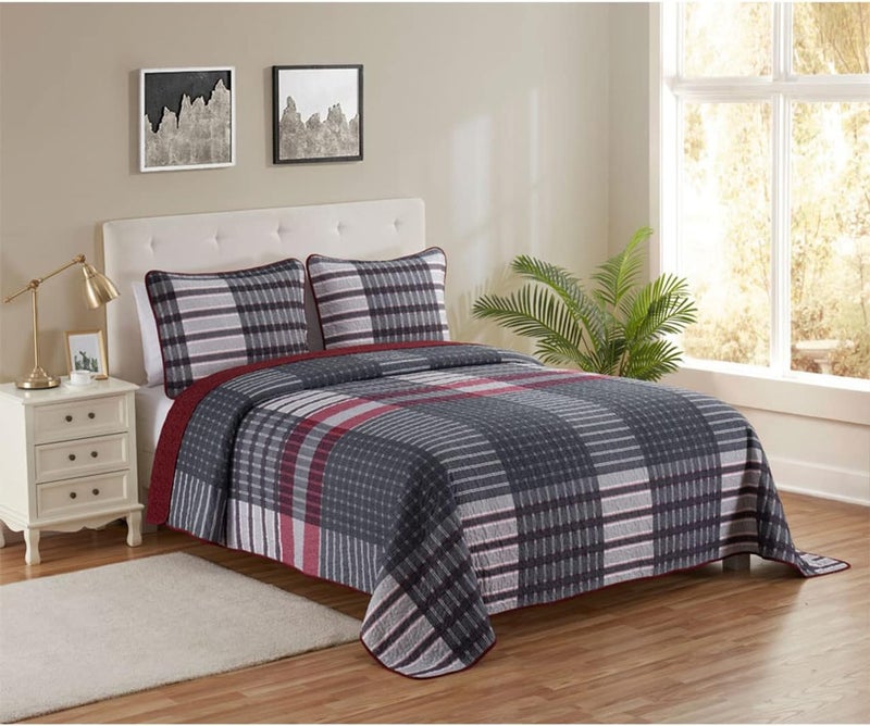 Legacy Decor 3 PCS Quilt Reversible Bedspread Coverlet Red & Black Patchwork Design Ultra Soft Microfiber Oversized King/Cal-King 118" W x 106" L - Image 3